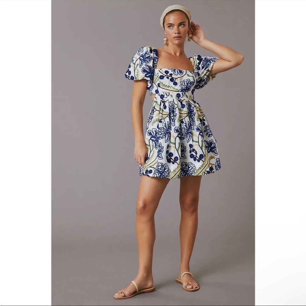 Anthropologie puff sleeve white and blue embroidered floral mini dress size L